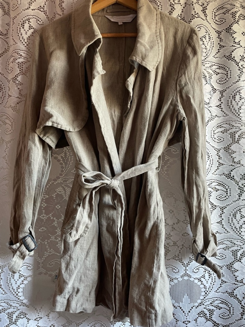 CROWN LINEN Women's M 100% Linen Washable Trench Coat Coastal Beachy